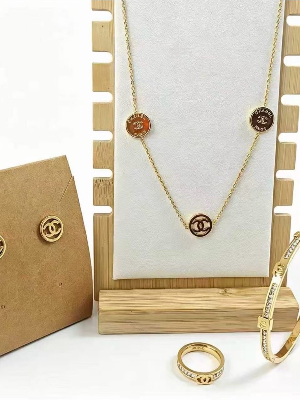 Stainless steel Gold-Tone platedCC Medallion Station Necklace with Brown Accents